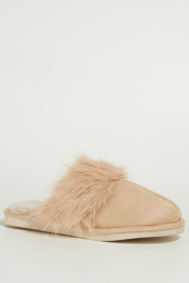 Beżowe kapcie damskie obuwie domowe z futerkiem Casu 7975-8