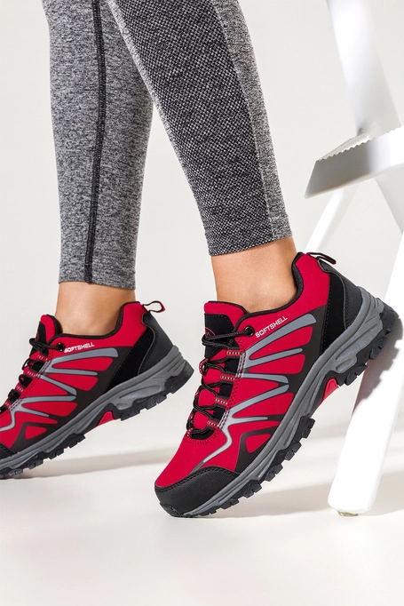 Czerwone buty trekkingowe damskie z czarnymi dodatkami sznurowane softshell Casu B2111-4