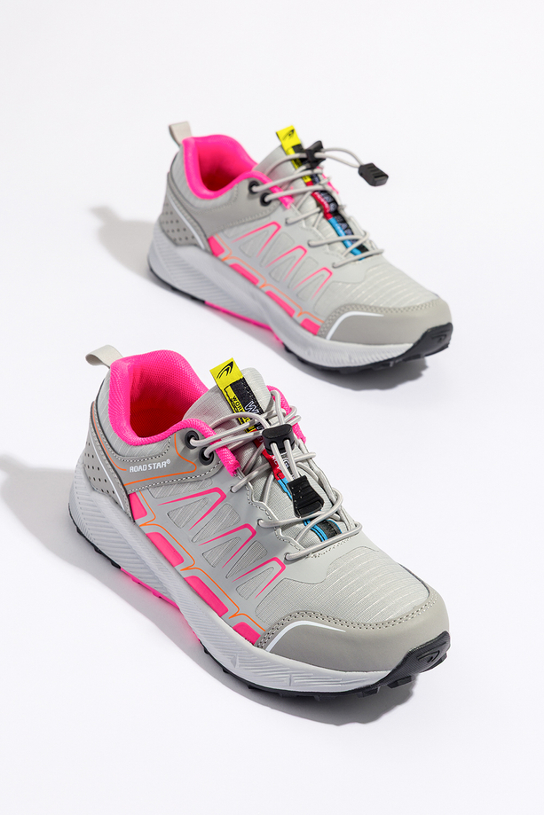 Szare buty sportowe trekkingowe damskie na podeszwie ze żłobieniami z regulowaną elastyczną sznurówką Casu 2505-8W