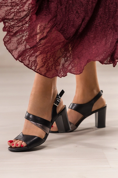 Czarne sandały damskie Sergio Leone na słupku z paskiem na cholewce skórzana wkładka SK866-CA