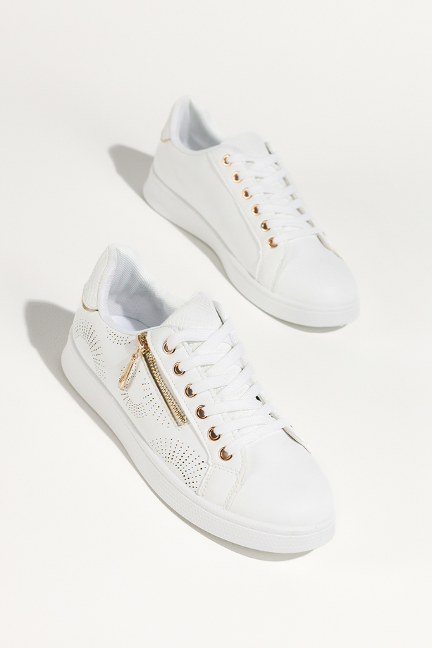 Białe sneakersy damskie buty sportowe z ozdobnym złotym zamkiem sznurowane Casu DXU-32