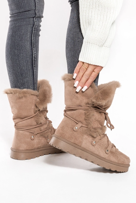 Beżowe śniegowce mukluki damskie z ozdobnym wiązaniem Casu 8273-2