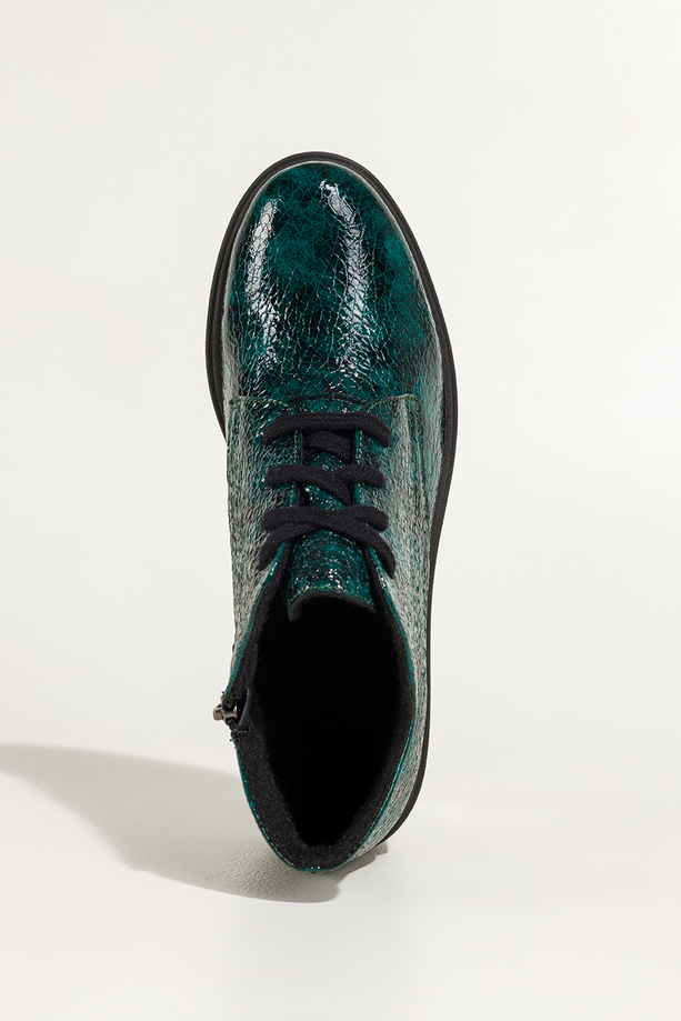 Zielone botki skórzane damskie lakierowane wzór wężowy sznurowane PRODUKT POLSKI Casu 444