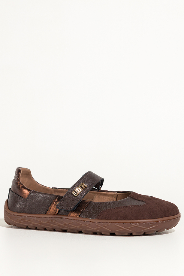 Czekoladowe baleriny barefoot skórzane damskie szerokie na elastycznej żłobionej podeszwie miedziane wstawki pasek na rzep złota ozdoba PRODUKT POLSKI Casu 89796