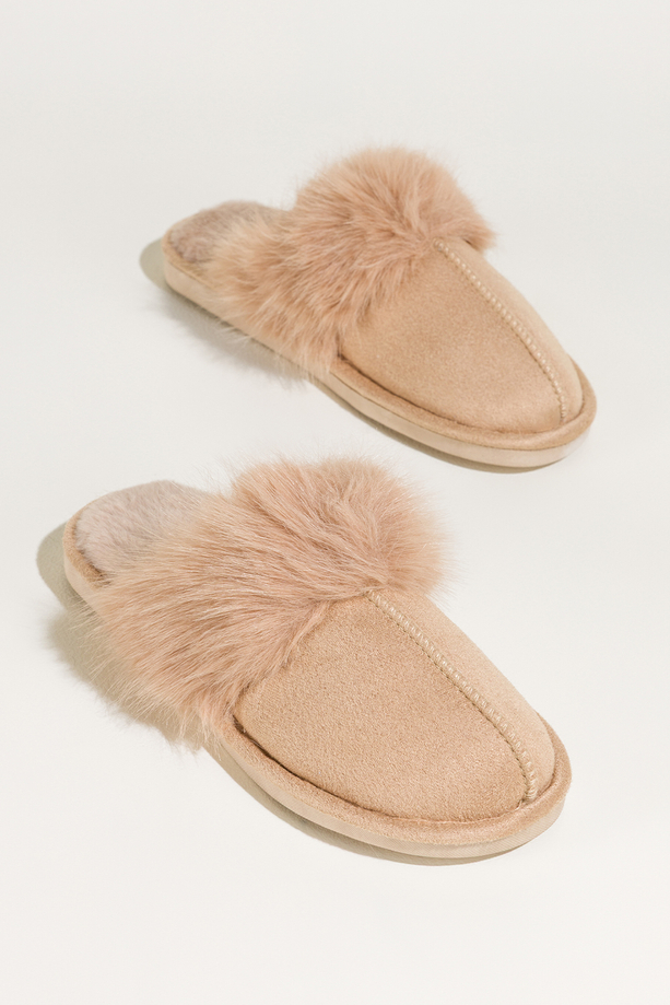 Beżowe kapcie damskie obuwie domowe z futerkiem Casu 7975-8