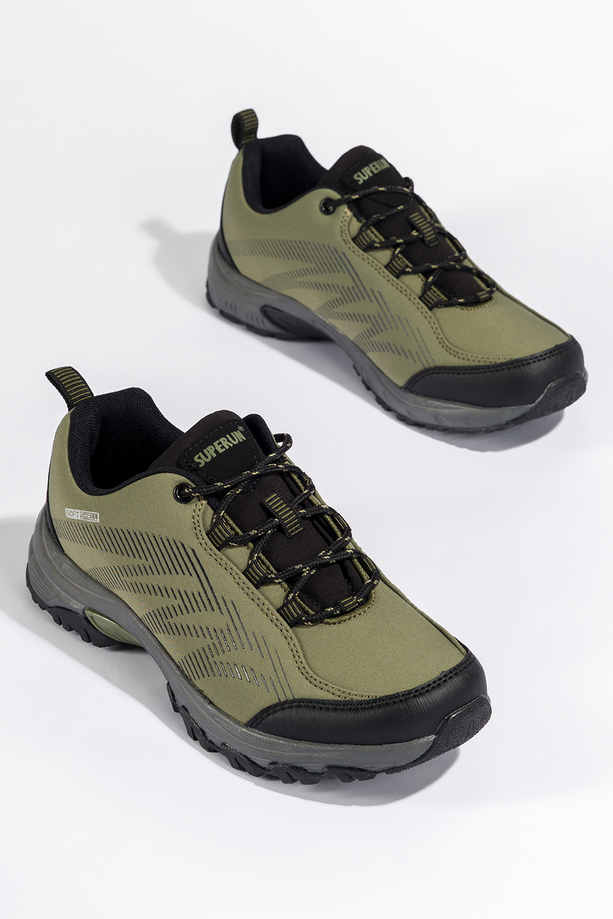 Zielone buty trekkingowe damskie buty sportowe softshell na bieżnikowanej podeszwie sznurowane czarne wstawki Carla 8046