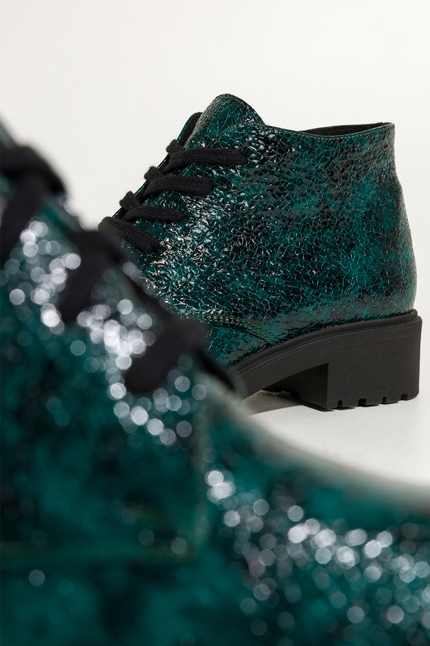 Zielone botki skórzane damskie lakierowane wzór wężowy sznurowane PRODUKT POLSKI Casu 444