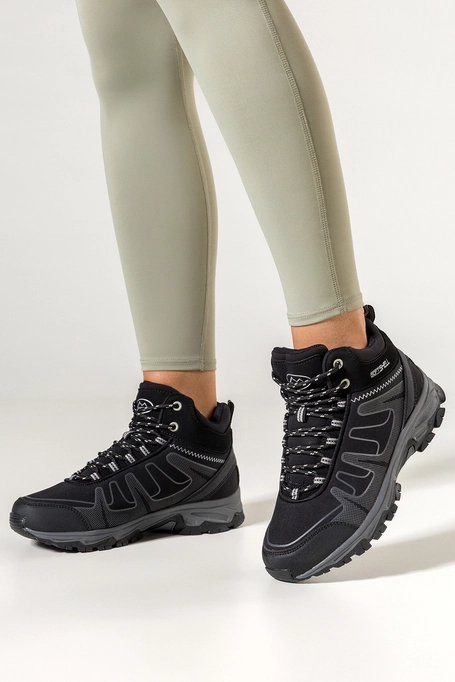 Czarne buty trekkingowe damskie z szarymi dodatkami sznurowane softshell Casu B2112-1