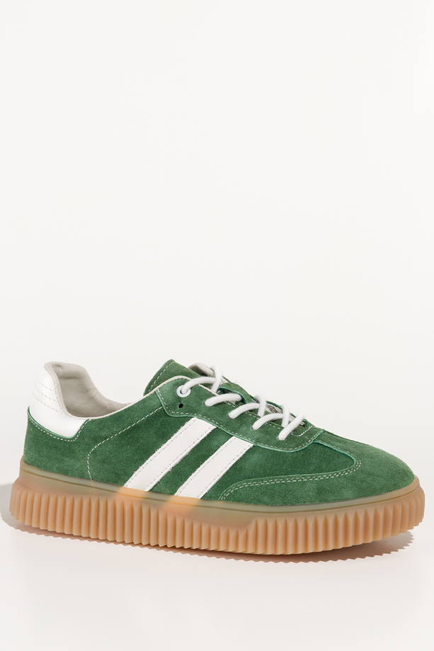 Zielone sneakersy skórzane damskie buty sportowe na beżowej platformie białe wstawki sznurowane Carla TW-CU-800