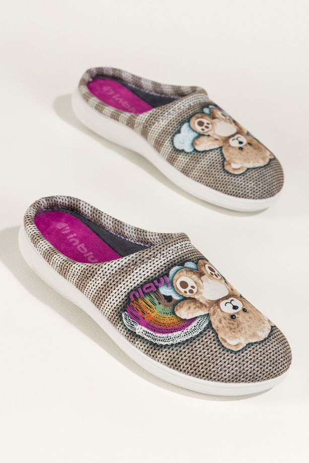 Beżowe kapcie damskie Inblu obuwie domowe z misiem wkładka soft VX589499