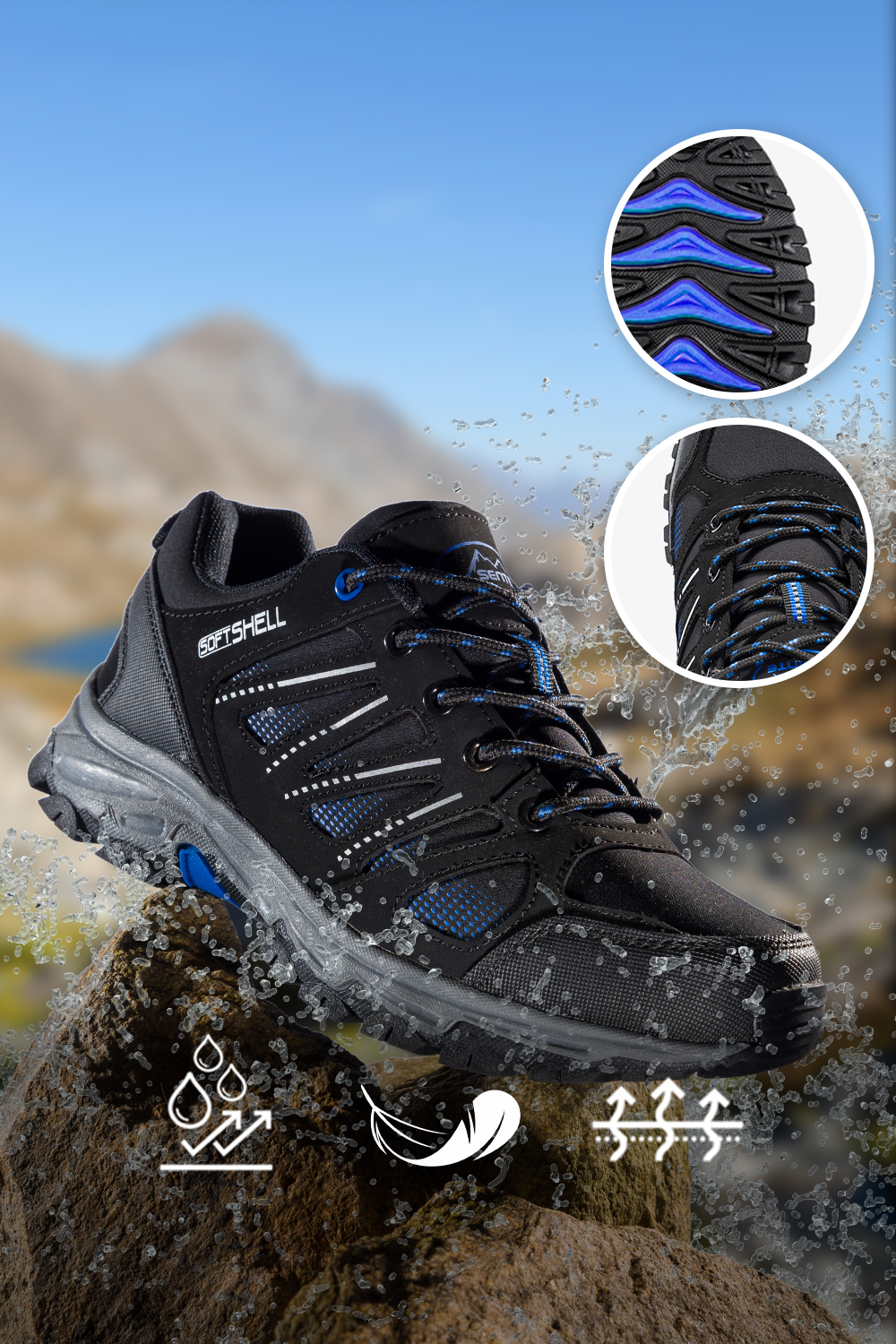 Czarne buty trekkingowe damskie z niebieskimi dodatkami sznurowane softshell Casu B2114-3