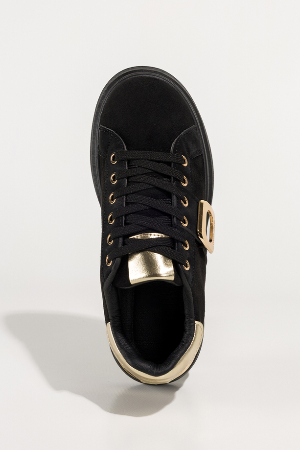 Czarne sneakersy damskie buty sportowe na platformie ze złotą ozdobą sznurowane Carla TY983