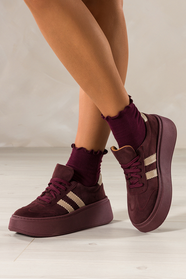 Bordowe sneakersy skórzane damskie buty sportowe na platformie beżowe wstawki sznurowane PRODUKT POLSKI Casu 5967