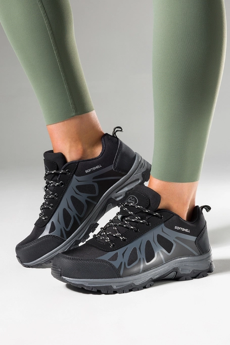 Czarne buty trekkingowe damskie sznurowane z szarymi dodatkami softshell Casu B2110-1