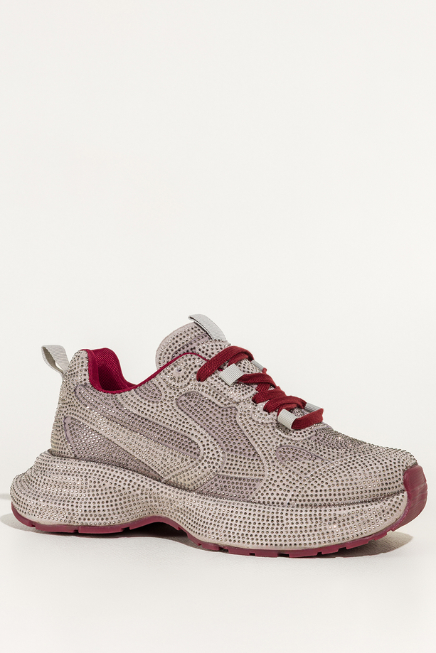 Szare sneakersy damskie buty sportowe na ozdobnej platformie błyszczące cyrkonie bordowe sznurówki Carla QP-0607-6