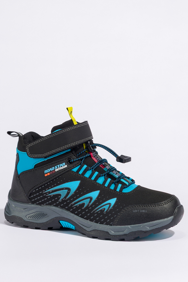 Czarne buty trekkingowe damskie na bieżnikowanej podeszwie z regulowaną elastyczną sznurówką niebieskie wstawki softshell Casu 2310-14W