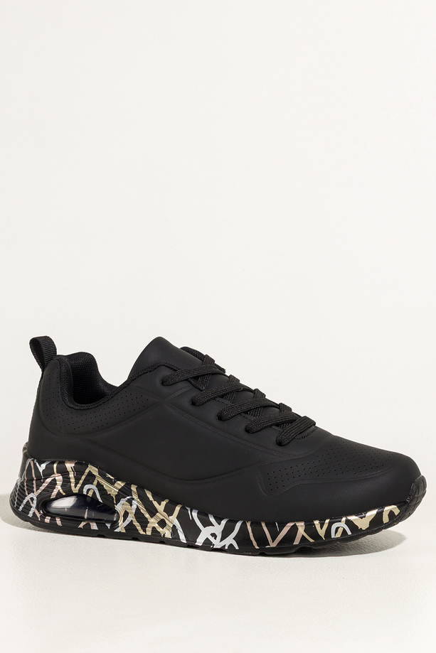 Czarne sneakersy damskie buty sportowe na koturnie z czarnym wzorem sznurowane Casu 0961-8