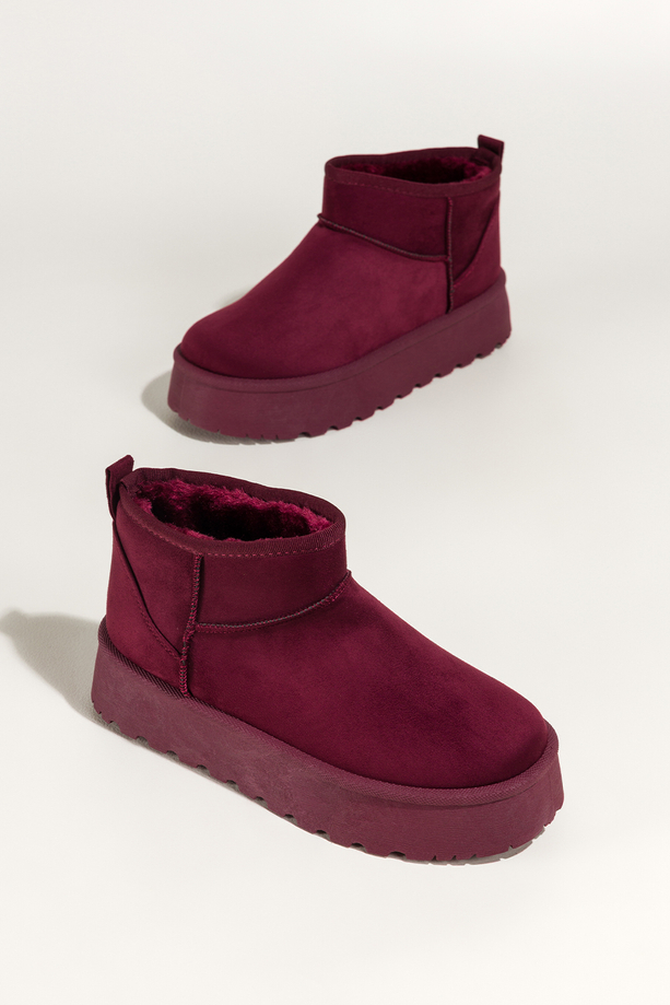 Bordowe śniegowce mukluki damskie na żłobionej platformie Casu EO758K
