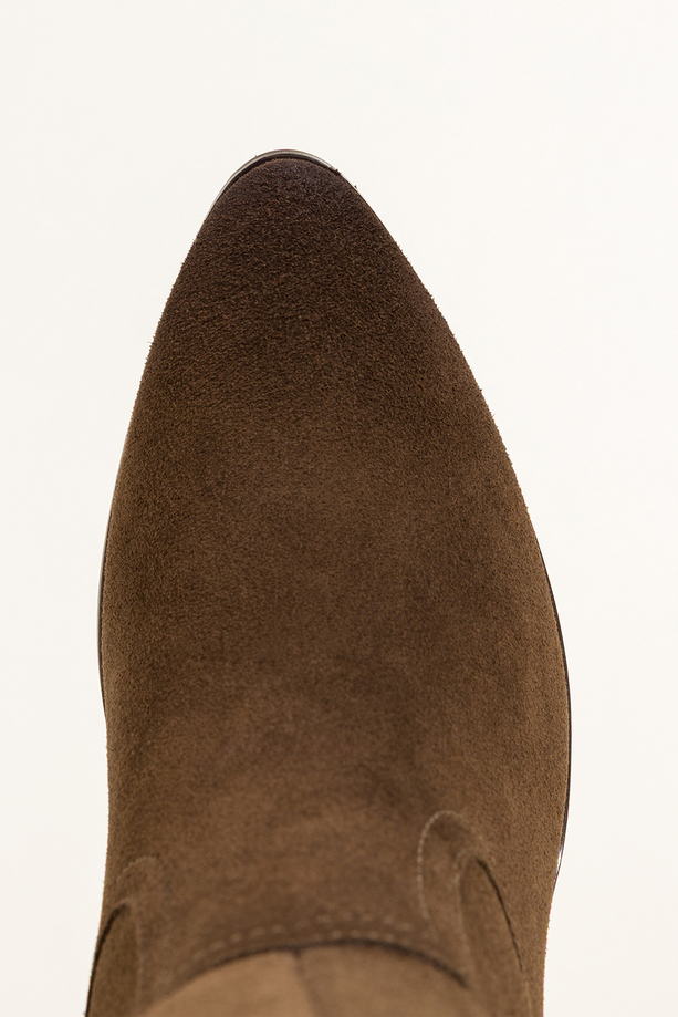 Brązowe kozaki skórzane damskie Sergio Leone przed kolano na ozdobnym słupku pasek z nitami PA74331-H