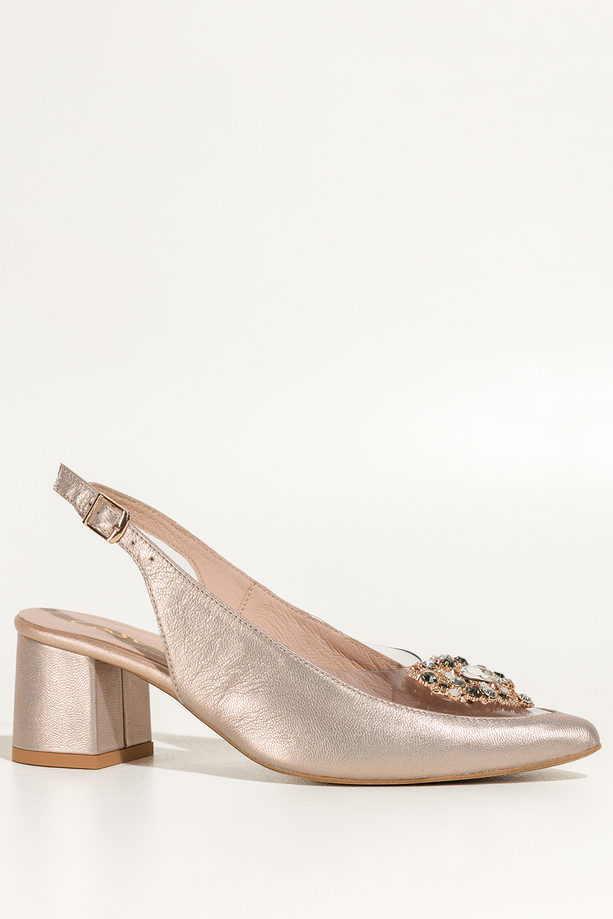 Złote czółenka skórzane damskie z odkrytą piętą transparentna wstawka ozdobne serce z kryształkami PRODUKT POLSKI Casu 7126-291