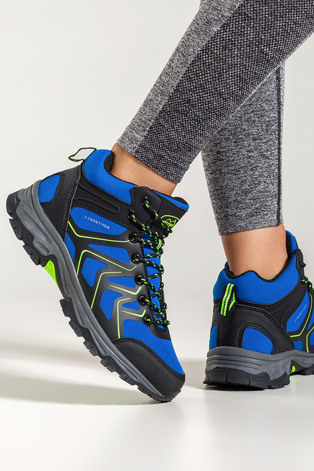 Niebieskie buty trekkingowe damskie z seledynowymi dodatkami sznurowane softshell Casu B2115-3