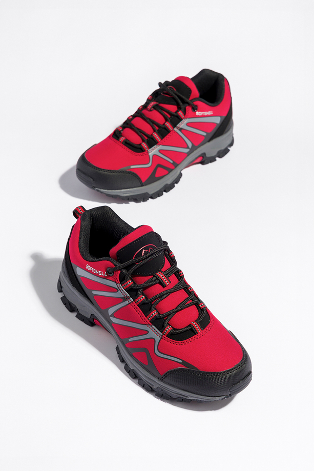 Czerwone buty trekkingowe damskie z czarnymi dodatkami sznurowane softshell Casu B2111-4