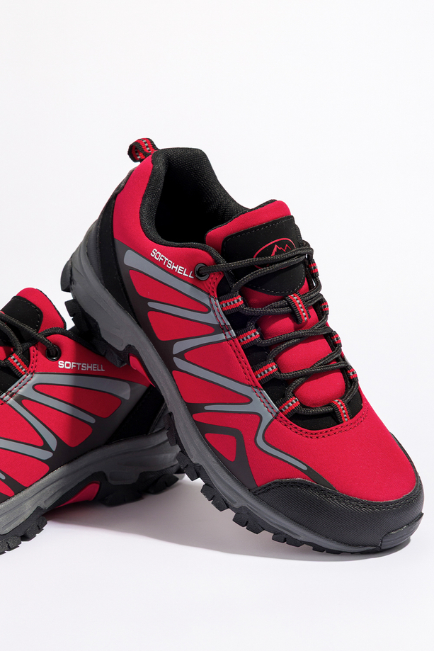 Czerwone buty trekkingowe damskie z czarnymi dodatkami sznurowane softshell Casu B2111-4