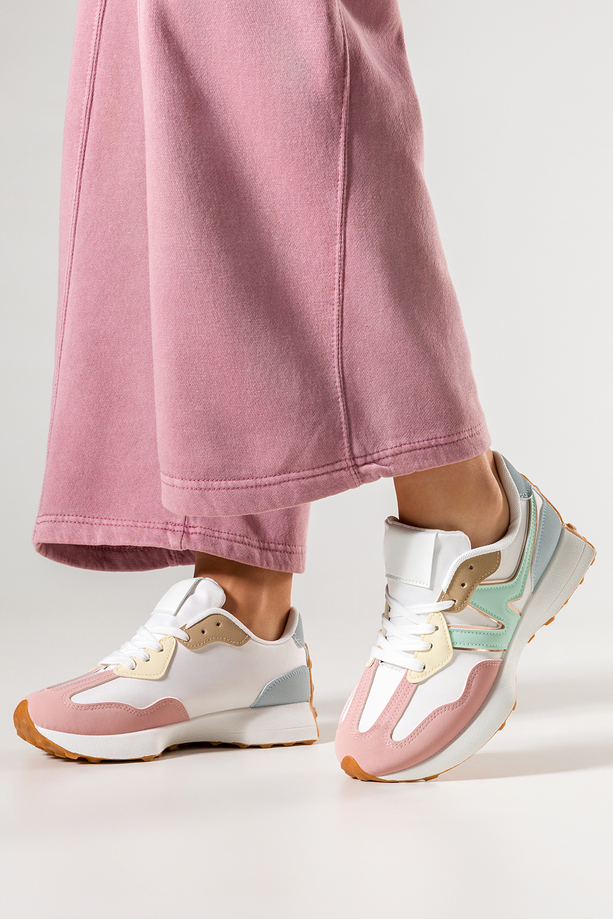 Białe sneakersy damskie buty sportowe na bieżnikowanej platformie kolorowe wstawki sznurowanie Carla LLS-7