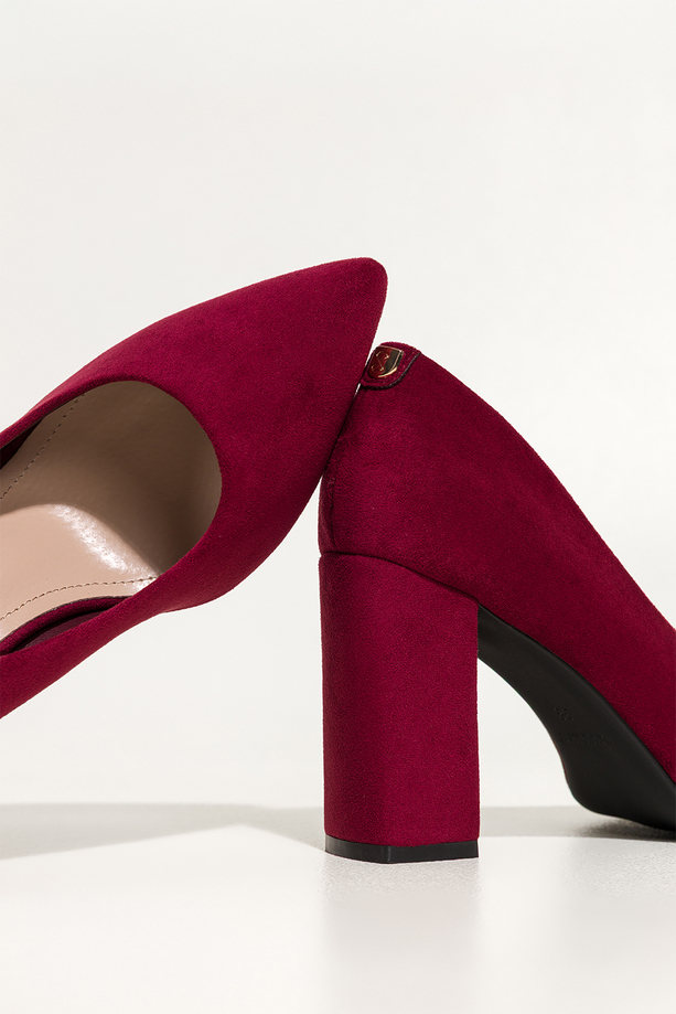 Bordowe czółenka damskie Sergio Leone obcas słupek skórzana wkładka złota ozdoba na pięcie KY783