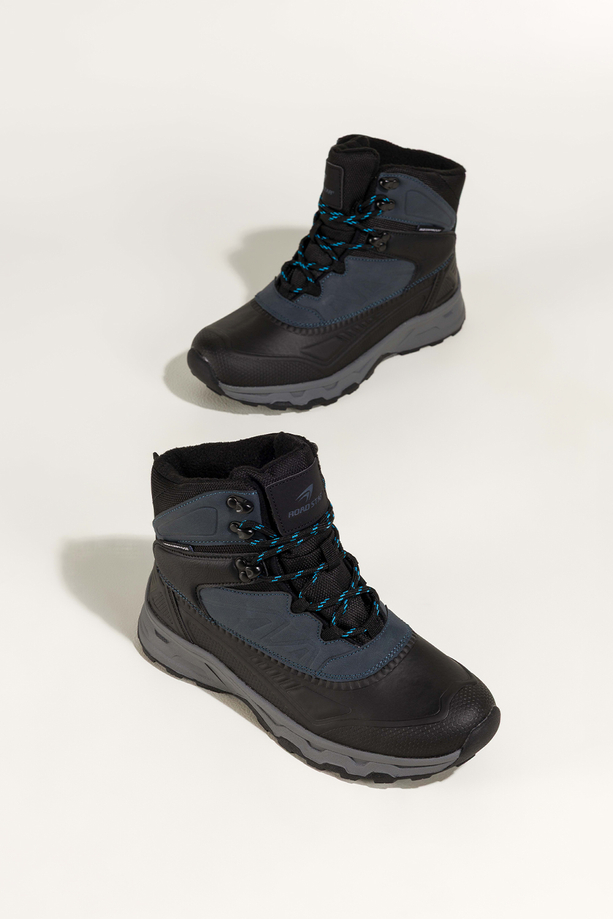 Czarne buty sportowe trekkingowe damskie wodoodporne na bieżnikowanej podeszwie sznurowane granatowe wstawki Casu 7688-2D