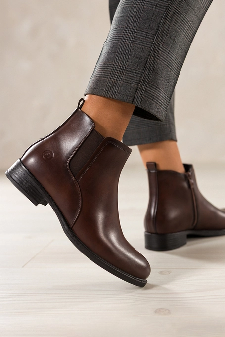 Brązowe botki damskie Sergio Leone na szerokim klocku guma w cholewce G74908