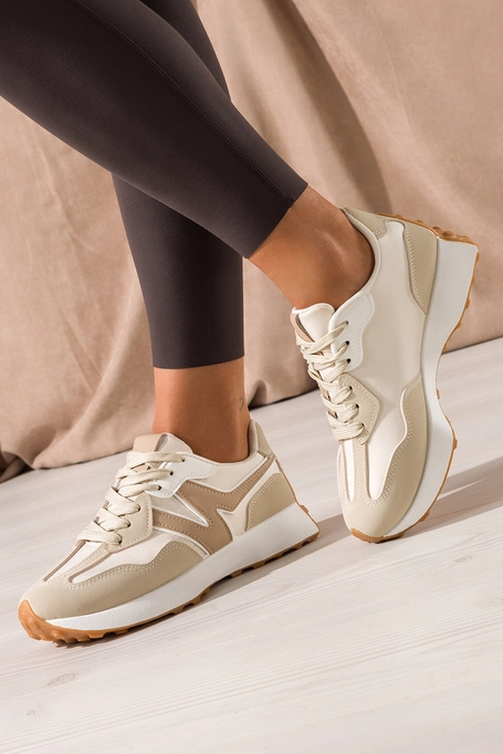 Beżowe sneakersy damskie na białej platformie ciemnobeżowe wstawki sznurowane Casu LA295
