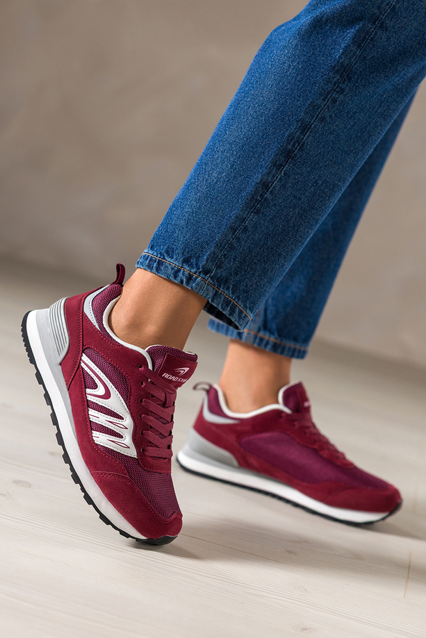 Bordowe sneakersy damskie buty sportowe na żłobionej podeszwie sznurowane białe wstawki Casu 7398-1D
