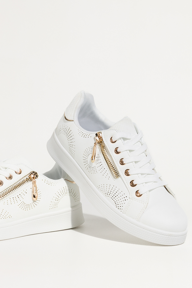 Białe sneakersy damskie buty sportowe z ozdobnym złotym zamkiem sznurowane Casu DXU-32