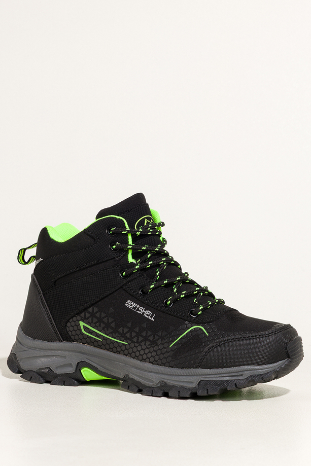 Czarne buty trekkingowe damskie z seledynowymi dodatkami sznurowane softshell Casu Y7997-7