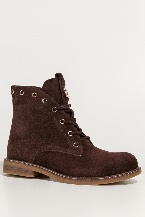 Czekoladowe botki damskie skórzane płaska podeszwa z przeszyciami złota ozdoba na języku nity sznurowane Carla B194-7