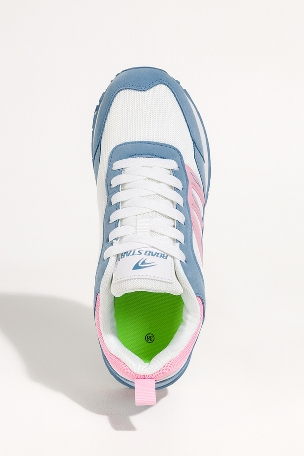 Niebieskie sneakersy damskie buty sportowe na żłobionej podeszwie sznurowane białe i różowe wstawki Casu 7398-88D