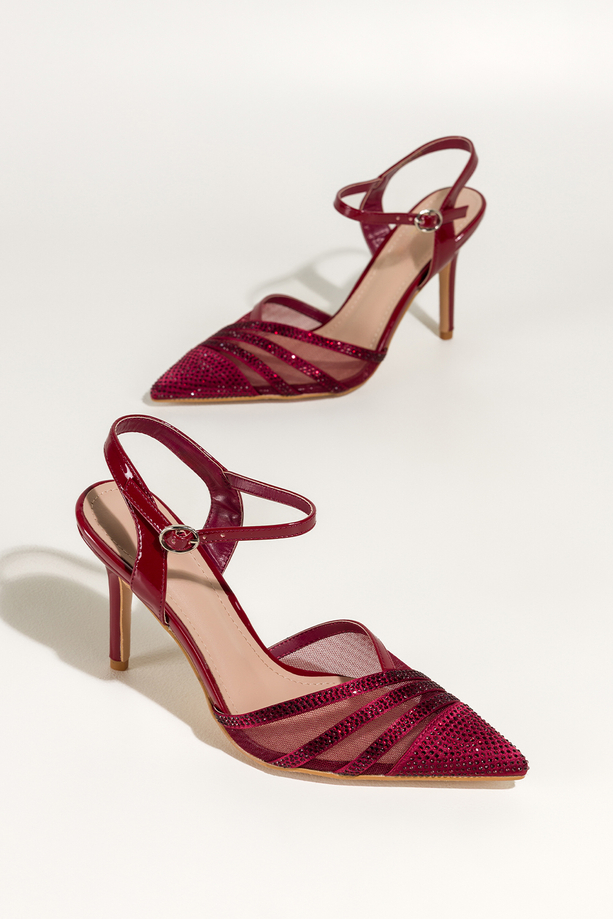 Bordowe czółenka damskie szpilki z siateczką ozdobione cyrkoniami odkryta pięta Carla N876