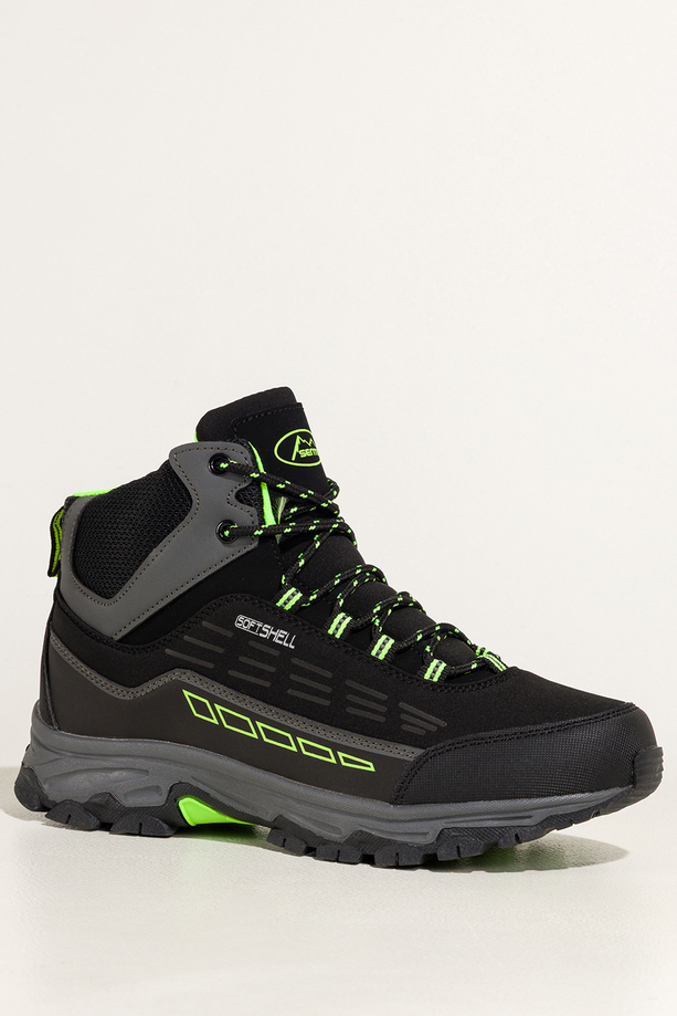 Czarne buty trekkingowe damskie z seledynowymi dodatkami sznurowane softshell Casu Y7994-7