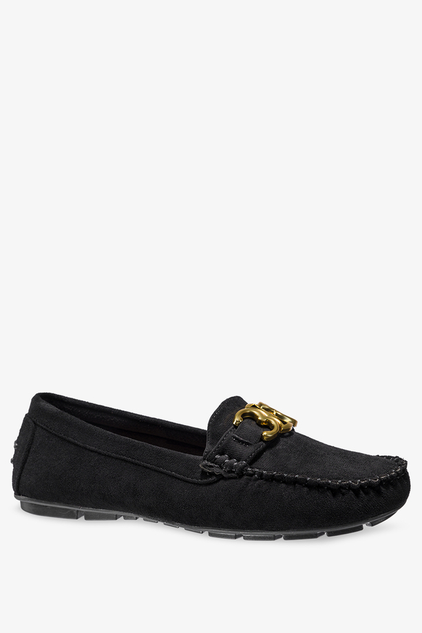 Czarne mokasyny płaskie damskie ze skórzaną wkładką złota ozdoba Casu D24X3-B