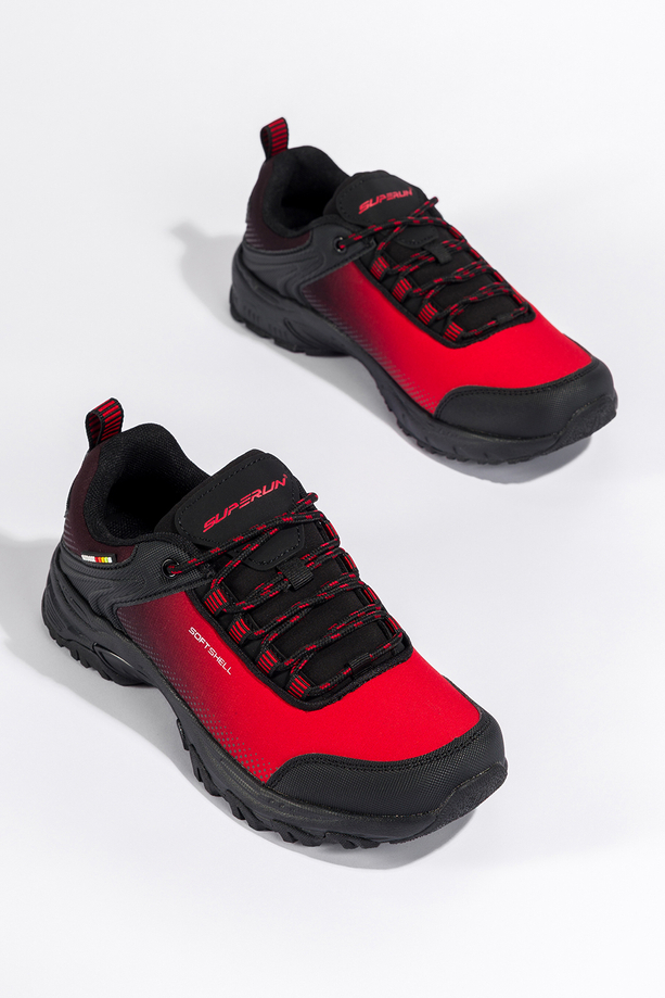Czerwone buty trekkingowe damskie buty sportowe softshell na bieżnikowanej podeszwie sznurowane czarne wstawki Carla 8529