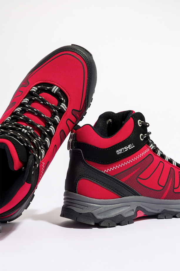 Czerwone buty trekkingowe damskie z czarnymi dodatkami sznurowane softshell Casu B2112-4