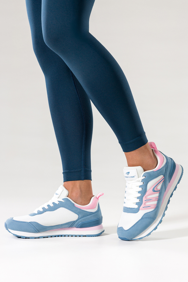 Niebieskie sneakersy damskie buty sportowe na żłobionej podeszwie sznurowane białe i różowe wstawki Casu 7398-88D
