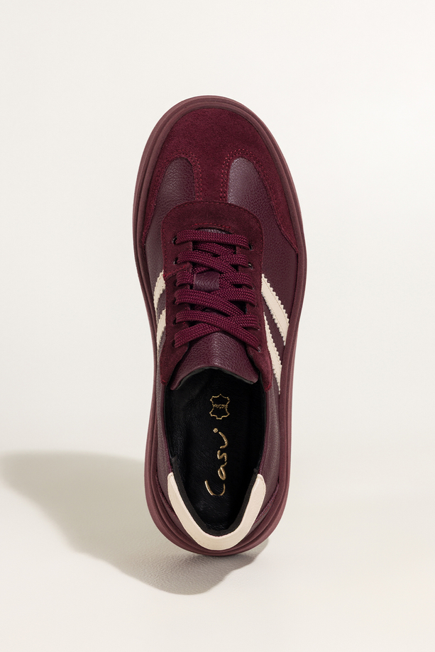Bordowe sneakersy skórzane damskie buty sportowe na platformie beżowe wstawki sznurowane PRODUKT POLSKI Casu 7987