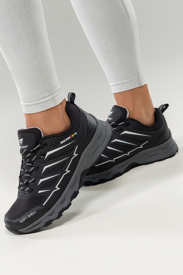 Czarne buty trekkingowe damskie buty sportowe na bieżnikowanej podeszwie sznurowane białe wstawki softshell Casu 2408-1W