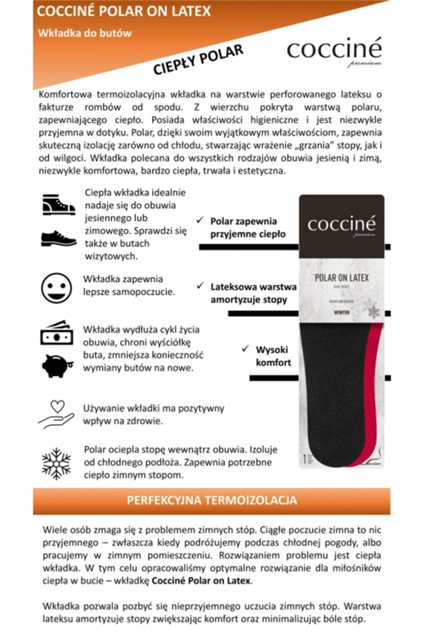 Ciepła wkładka  polarowa na lateksie Coccine Polar on Latex do obuwia jesienno-zimowego 