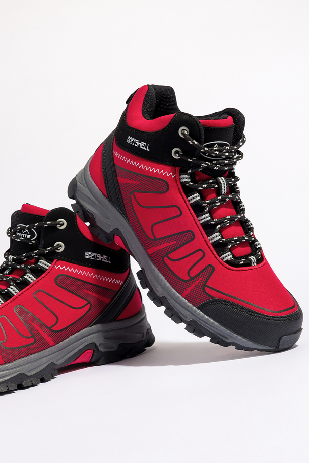 Czerwone buty trekkingowe damskie z czarnymi dodatkami sznurowane softshell Casu B2112-4