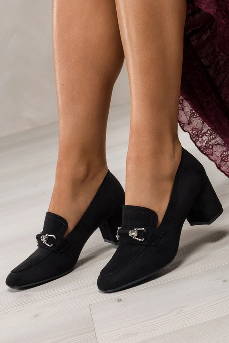 Czarne mokasyny damskie Sergio Leone ze sprzączką na szerokim słupku skórzana wkładka PB146-CA