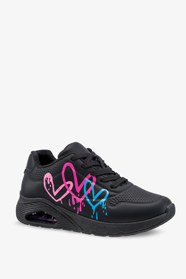 Czarne sneakersy damskie buty sportowe na koturnie sznurowane grafika z motywem serca Casu SS108-2