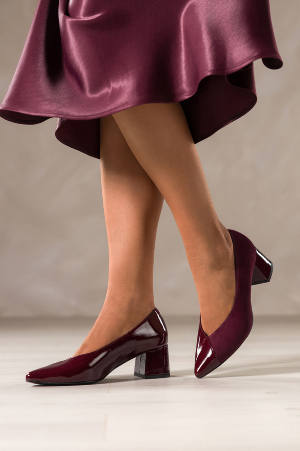 Bordowe czółenka skórzane damskie na szerokim obcasie PRODUKT POLSKI Casu 7088-378-656